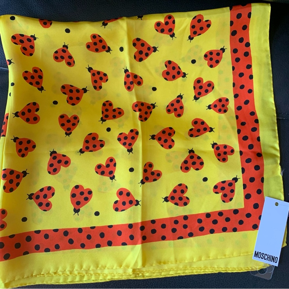 Moschino Boutique Silk Scarf Red Heart Lady Bugs 26”x26” - Picture 4 of 4